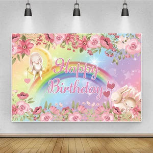Laeacco Rabbit Spring Flowers Happy Birthday Party Decor Poster Banners Photo Backdrop Backgrounds For Photograph Photo Studio