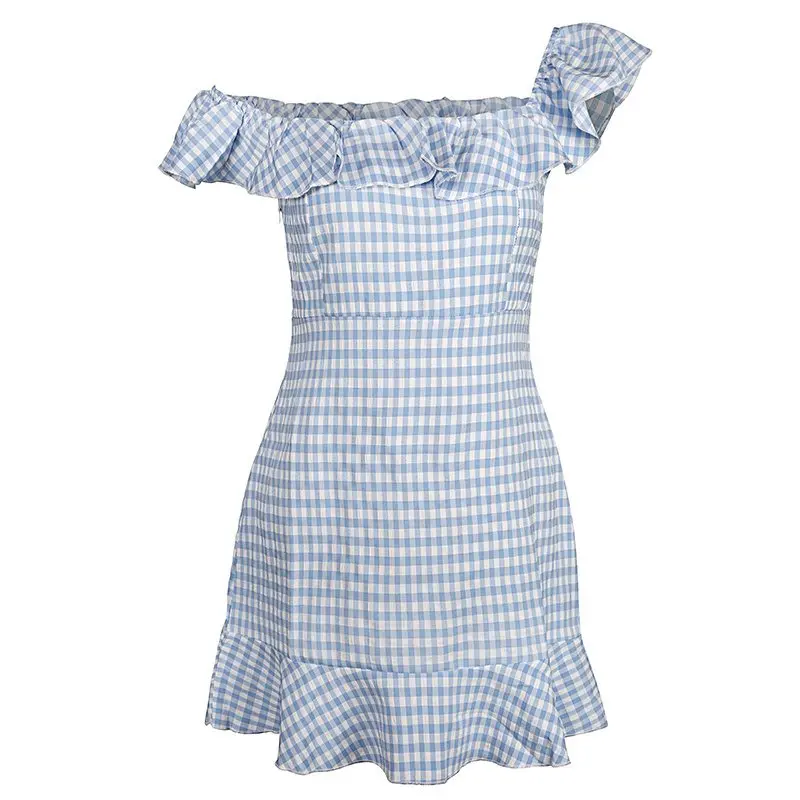 

Plaid Short Sleeve Dress Women Sexy Slim A-line Summer Ruffles Design Vestidos Fresh Defined Waist Mini Dresses All-match Trendy