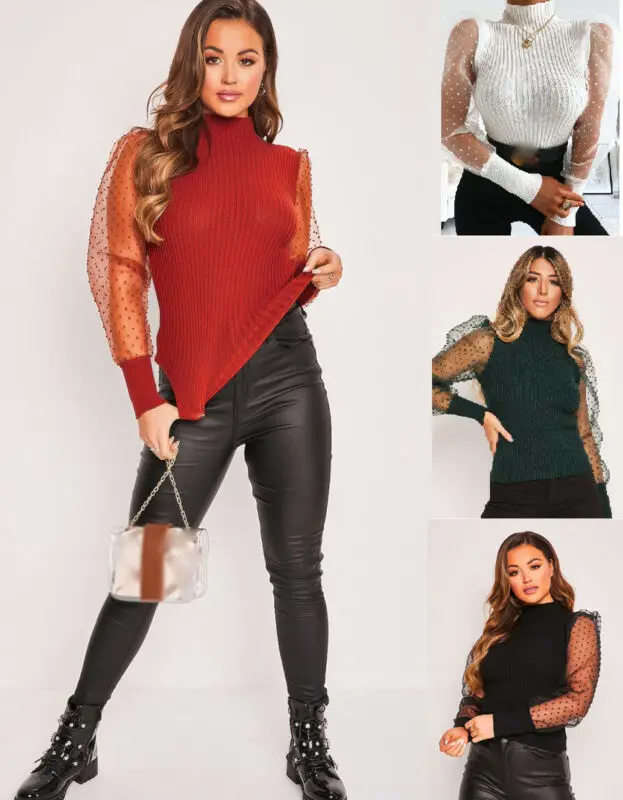 Женская Сетчатая футболка в горошек с пышными рукавами топы водолазка вязаные