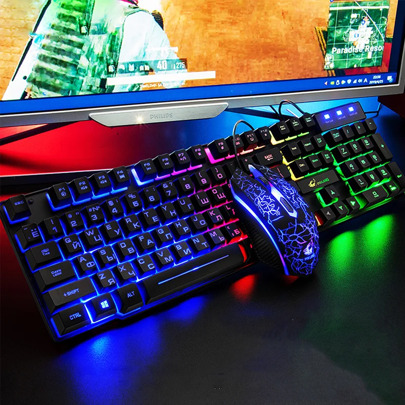 

Russian Keyboard set English Wired Gaming Mouse and Keyboard Set Rainbow Backlit Gamger Computer Waterproof RU + EN Keyboards