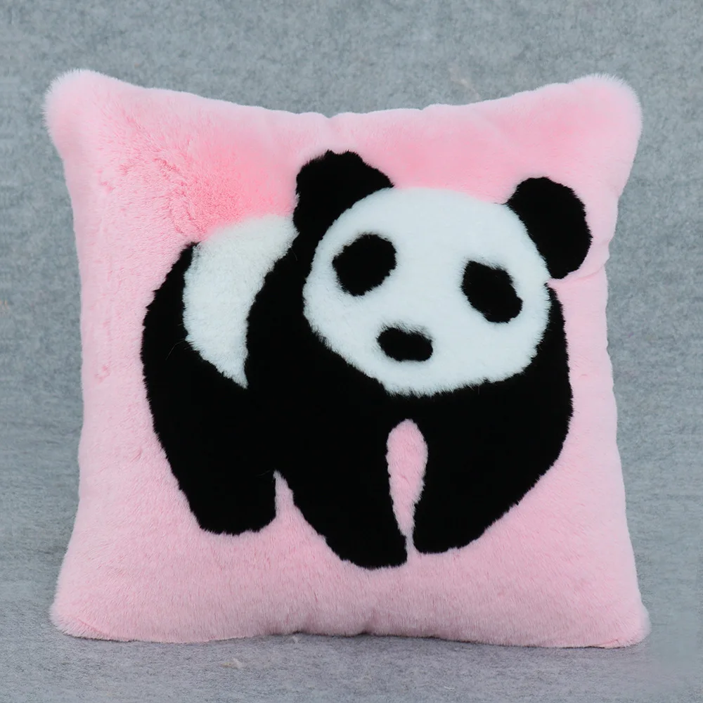 cartoon panda printed Soft Faux Fur Pillows Case Plush Cushion Cover Pink Blue Purple Warm Living Room Bedroom | Дом и сад