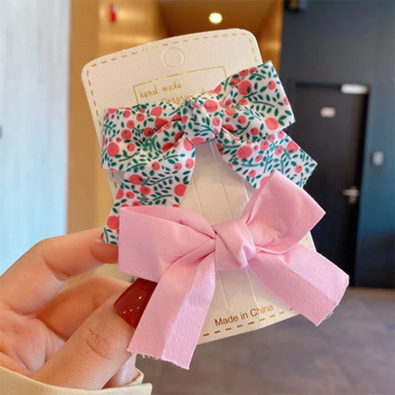 

2021 2Pcs Kids Baby Girls Hair Bow Clips Barrettes Pastoral Retro Floral Alligator Hairpins Infant Candy Color Hair Accessory