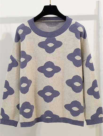 blue sweater only Осенний повседневный комплект из двух предметов, женский свободный пуловер с рисунком подсолнуха+ рваные брюки из денима - Цвет: blue sweater only
