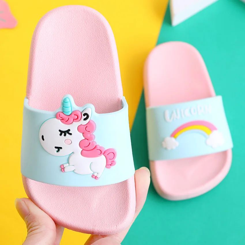 Slippers For Kids Boy Girl Unicorn Cartoon Rainbow PVC Beach Shoes Baby Soft Home Indoor Bathroom Slippers Flip Flops