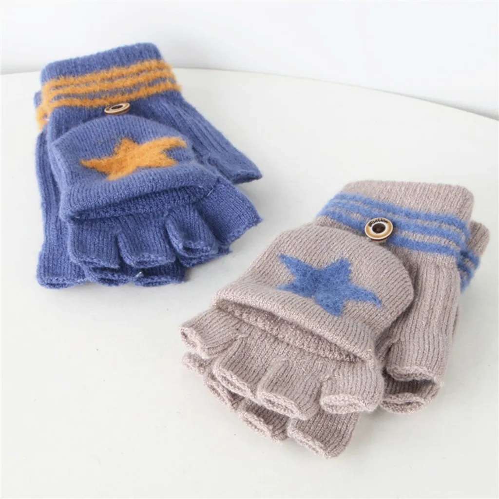 Варежки детские теплые вязаные с откидным верхом синие для малышей детей Зимняя |