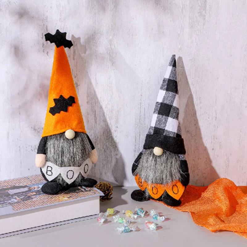 

2021 Halloween Handmade Swedish Gnomes Ornaments with Plaid Orange Hat Christmas Gift