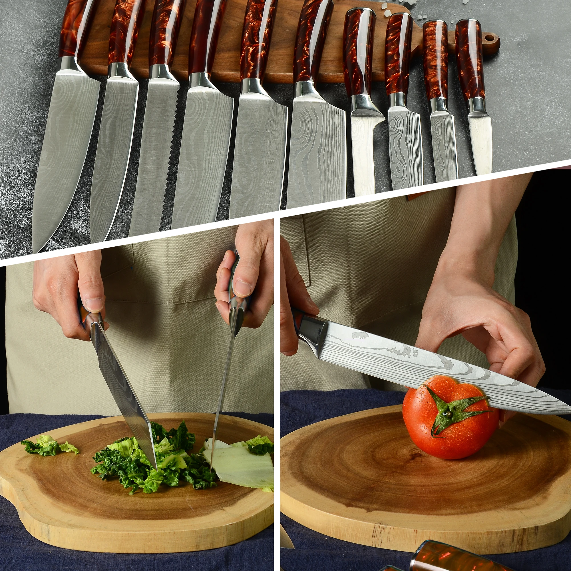 XYJ-Juego de cuchillos de Chef con bolsa de transporte, afilador, varilla de afilar, patr&oacute;n l&aacute;ser de acero inoxidable, herramientas de cocina, 13 unids/set por juego-4