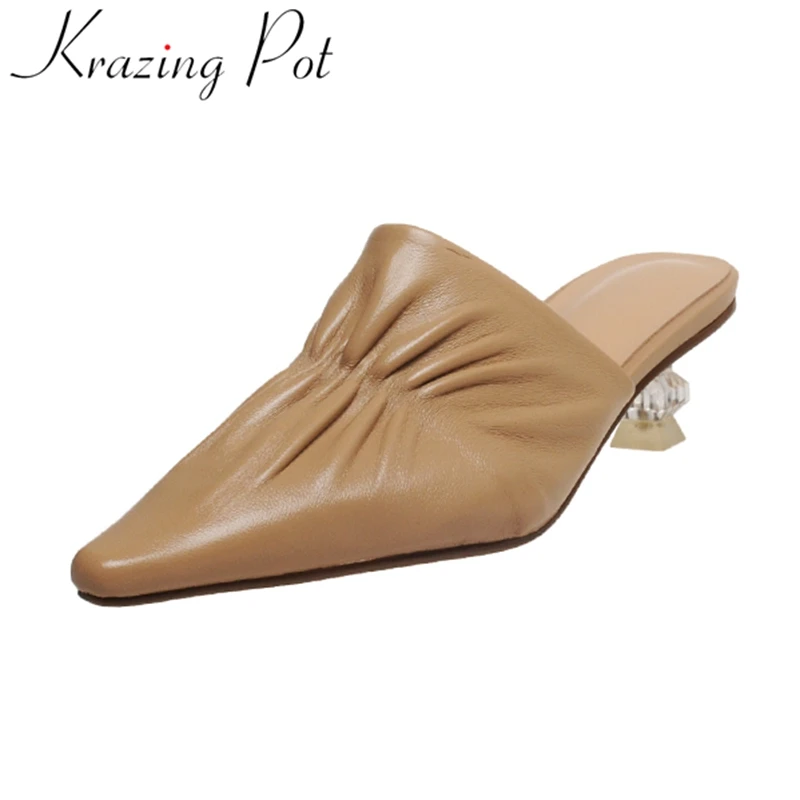 

Big size sheep leather outside slippers elegant mules peep toe slingback strange style slip on pleated summer shoes women L88