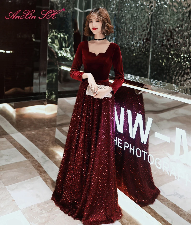 

AnXin SH princess sweetheart long wine red a line long evening dress vintage party black host sparkly little black dress