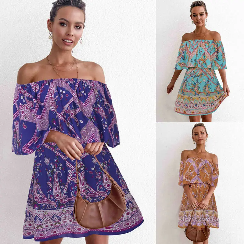 

Fashion Women Off Shoulder Dress Tassel Loose Cocktail Strap Beach Dress Ladies Sundress Holiday Ruffles Boho Holiday Dresses