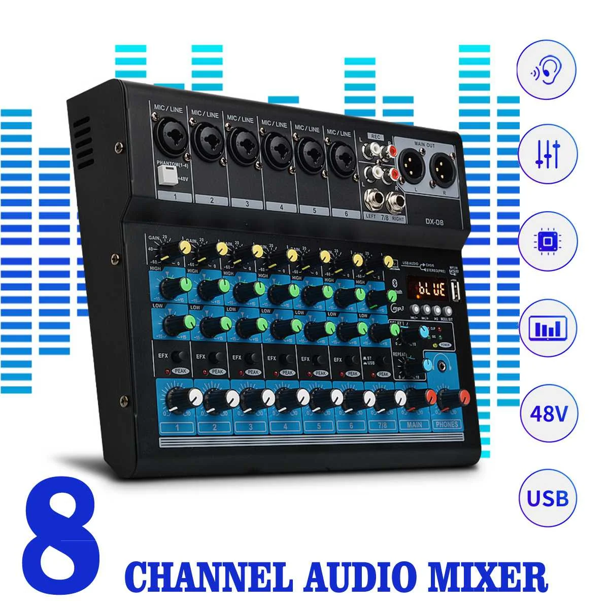 Портативный 8 канальный аудио микшерный пульт с Bluetooth USB DJ микшерная консоль MP3 Джек караоке 48V усилитель для караоке Вечерние