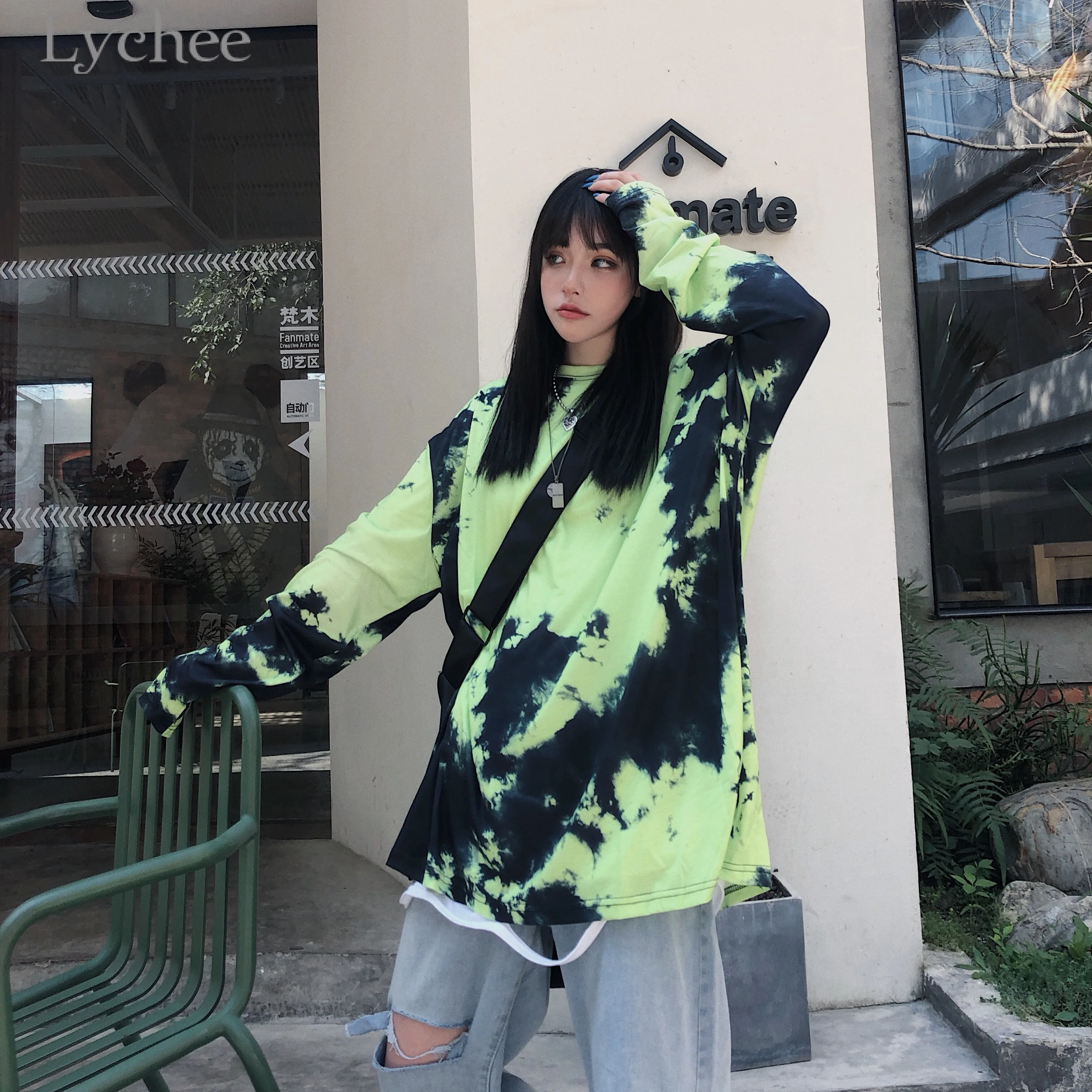 Женская футболка с длинным рукавом Lychee Harajuku свободная градиентным переходом