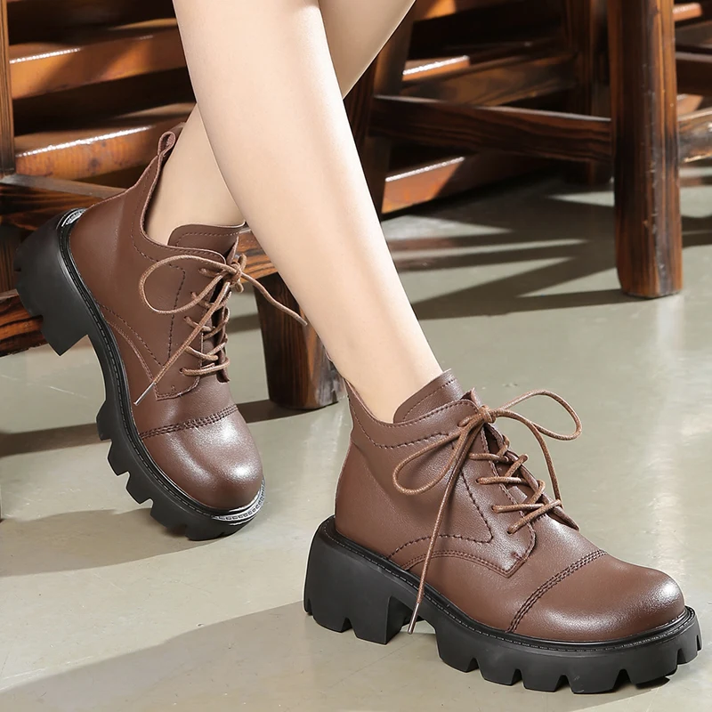 

Female Retro Shoes Genuine Leather Women Boots 2022 New Autumn Winter Lace-Up Round Toe Leisure Concise Handmade Ladies Boots