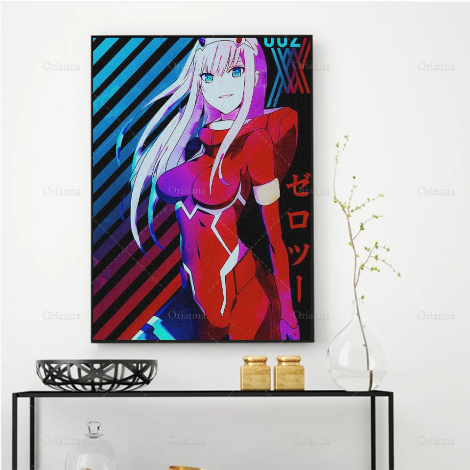 Плакат аниме Franxx 002 Zero Two Fanart в рамке, деревянная рамка, холст, художественное украшение, принты для гостиной, домашний декор для спальни