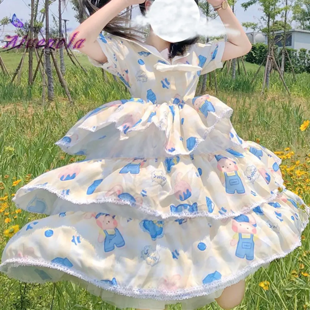 Женское летнее платье с принтом синее воротником и оборками AFC668 | Тематическая