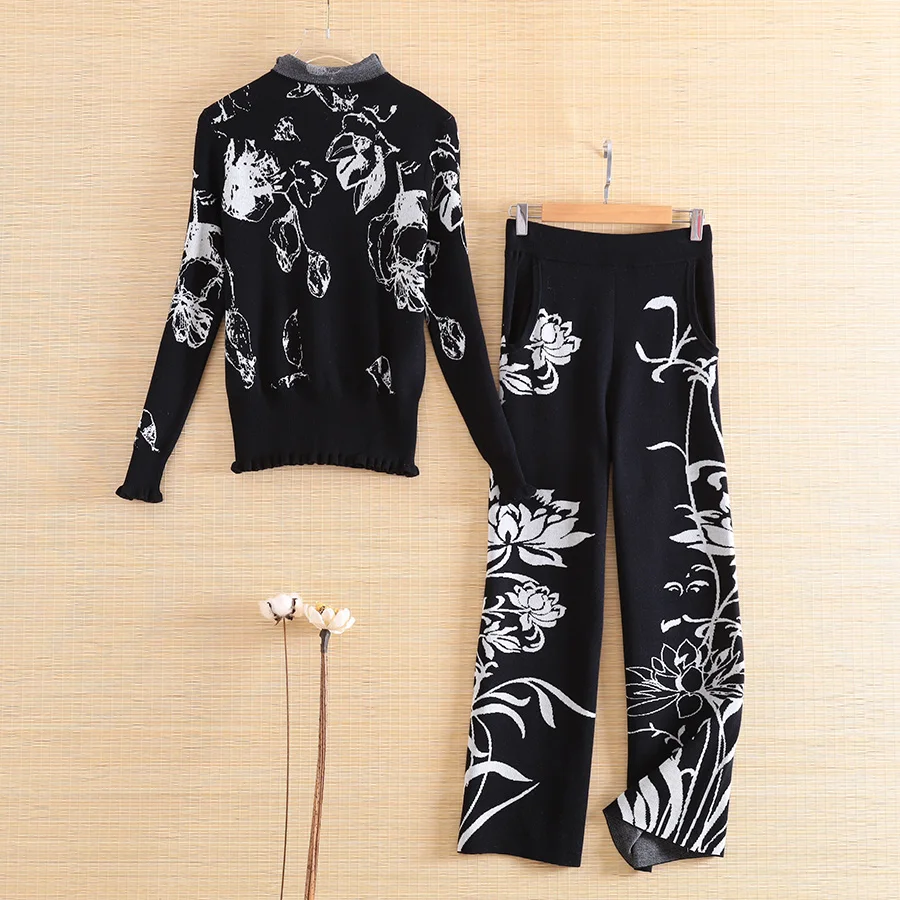 Осенний Женский трикотажный комплект из двух предметов шерсть жаккард свитер