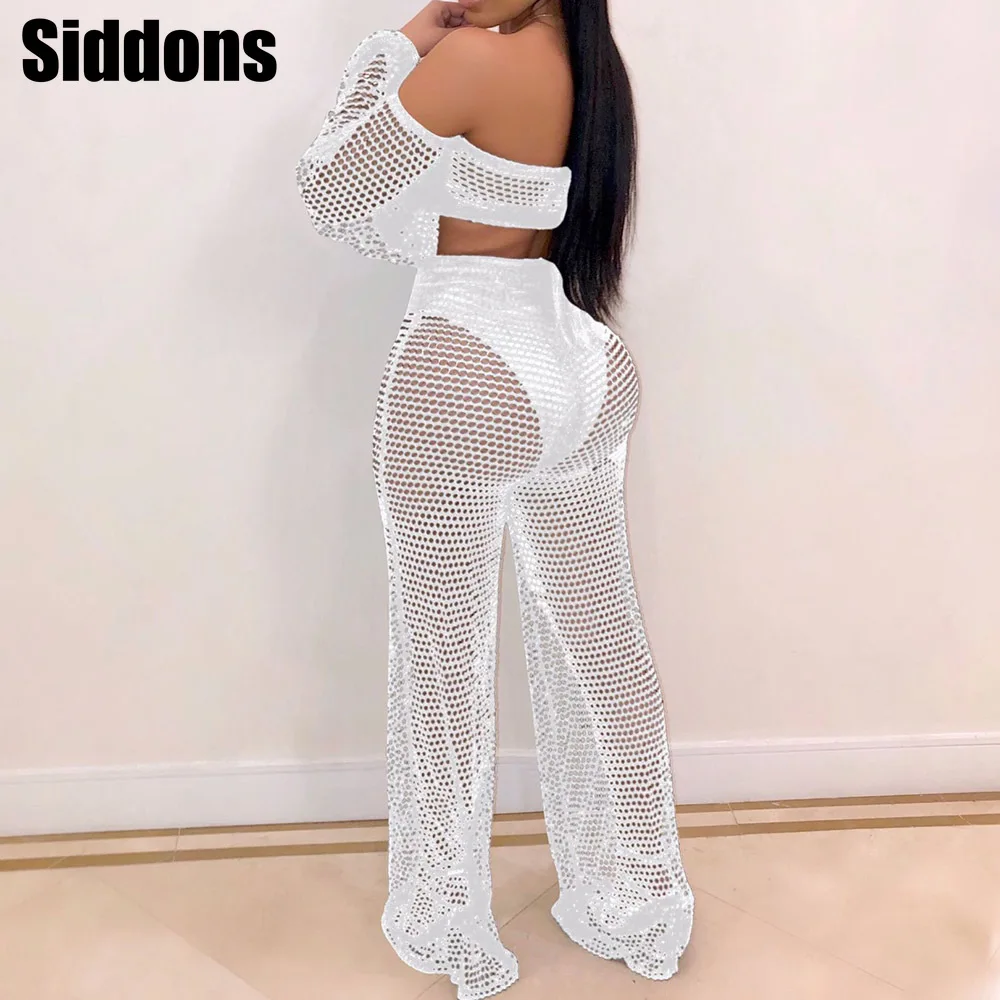 

Summer Hollow Strapless Women Long Sleeve Cropped Top And Wild Leg Pants Two Piece Suit Sets Sexy Mesh Sheer Beach Outfits Party