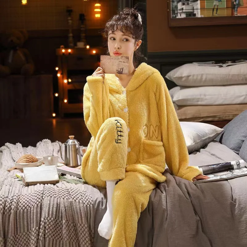 Winter Pajamas Sets For Women Flannel Thick Hooded Nightgown 2 Pieces/Set Coral Velvet Sleepwear Long Sleeve Pyjamas Suits