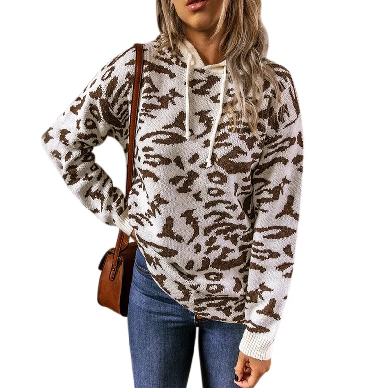 

Leopard Print Hoody 2021 Autumn and Winter New Product Sweater Women European and American Style Drawstring Hooded Sweater