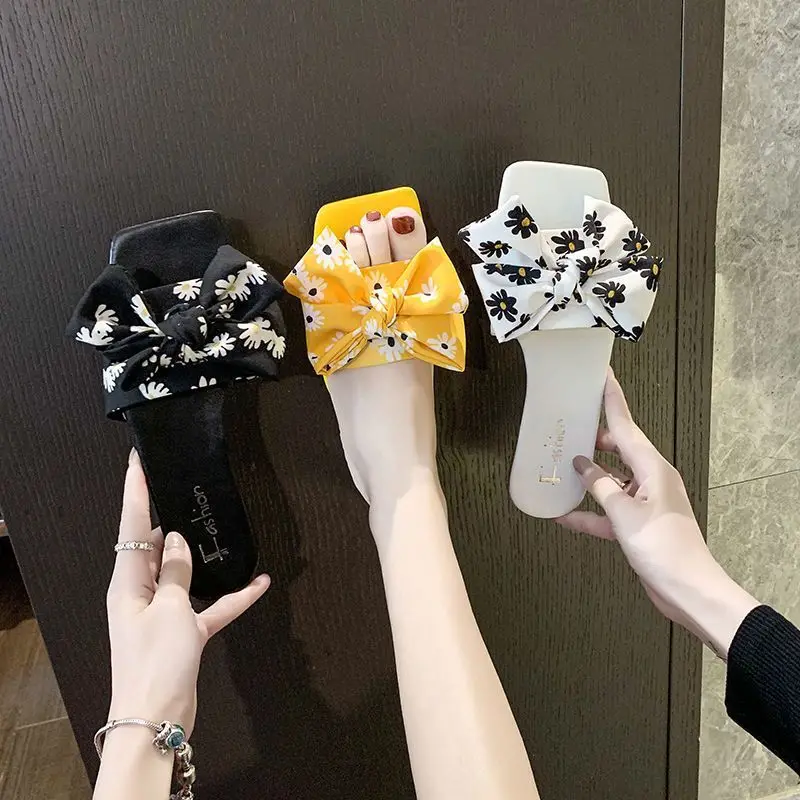 

Timalina 2020 Women Slippers Fashion Big Bow Cute Flip Flops Outdoor Flat Slipper Ladies Square Toe Slide Women Summer