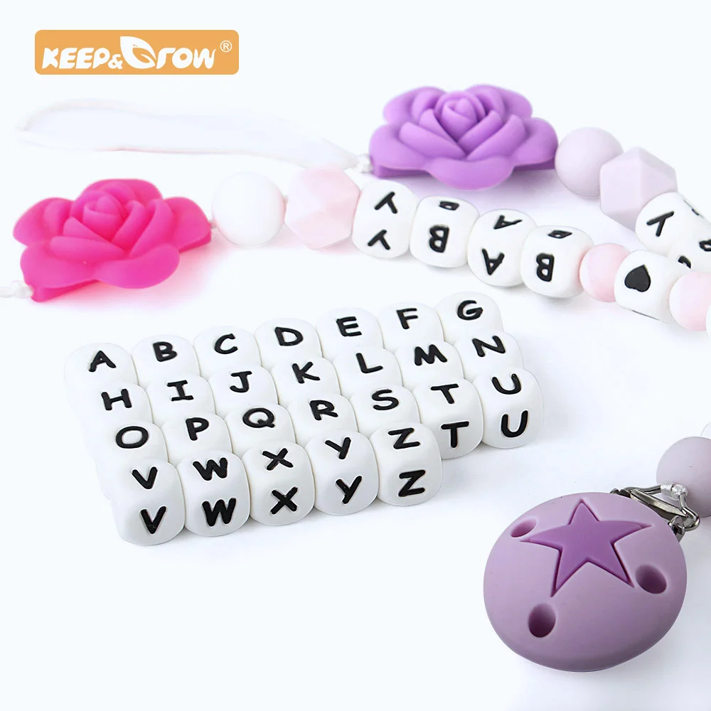 Keep&Grow 1500pcs Letter Silicone Beads 12mm Baby Teether Beads Chewing Alphabet Bead For Personalized Name DIY Accessories