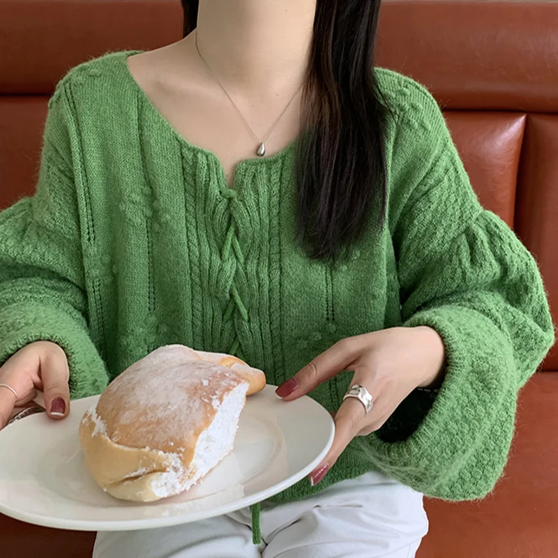 

Cashmere Sweater Cardigan Ginkgo Green Round Neck Lace Up Knitted Cardigan Short Bubble Sleeve Sweater Coat