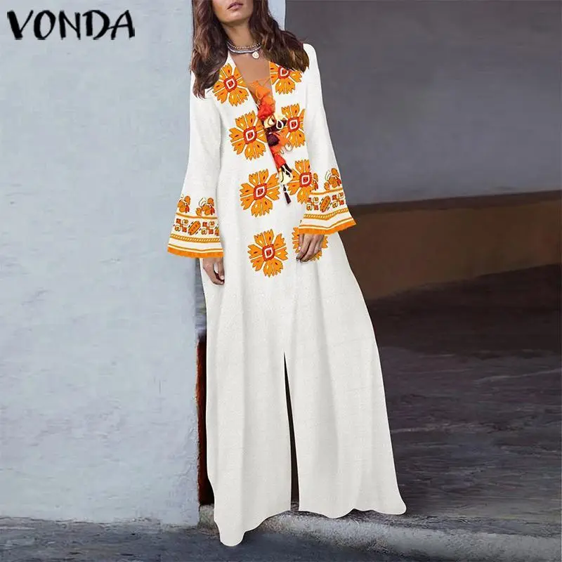 VONDA Bohemian Dress Women'Sundress Vintage Sleeve Print Party Maxi Long Dress Holiday Female Casual Vestido Plus Size