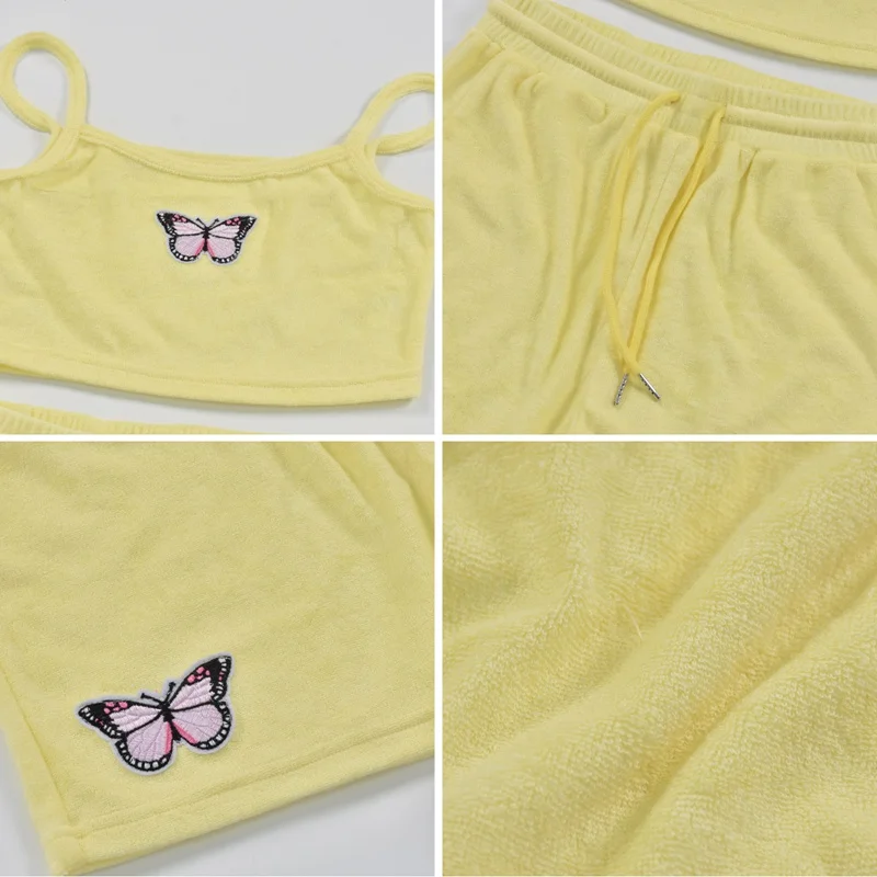 

MoneRffi Yellow Velvet Crop Top Shorts Women 2 Pieces Set Summer Embroidery Cami Drawstring Shorts Female Loungewear Suit 2021