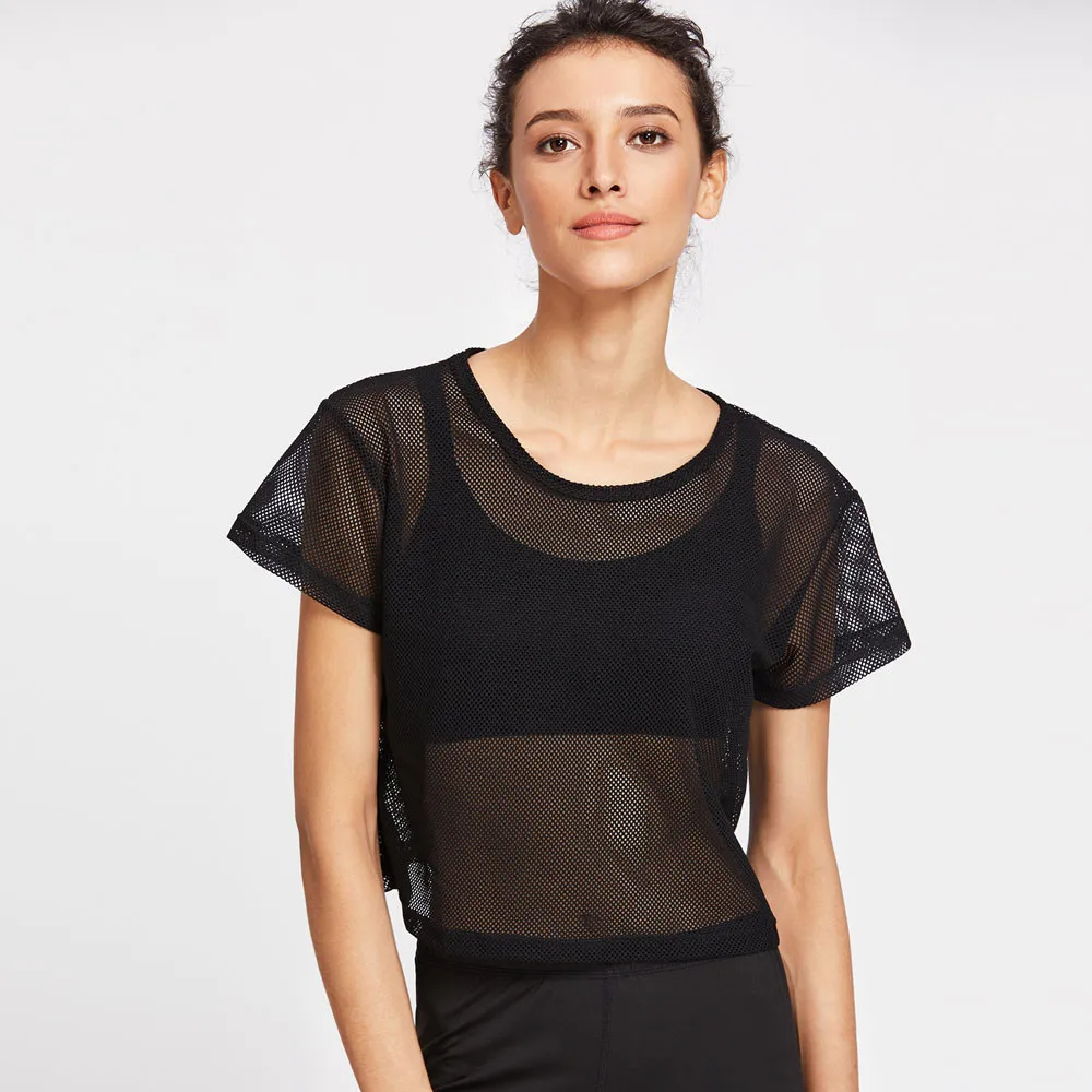 Женские черные футболки прозрачная сетчатая накидка с вырезами Спортивный