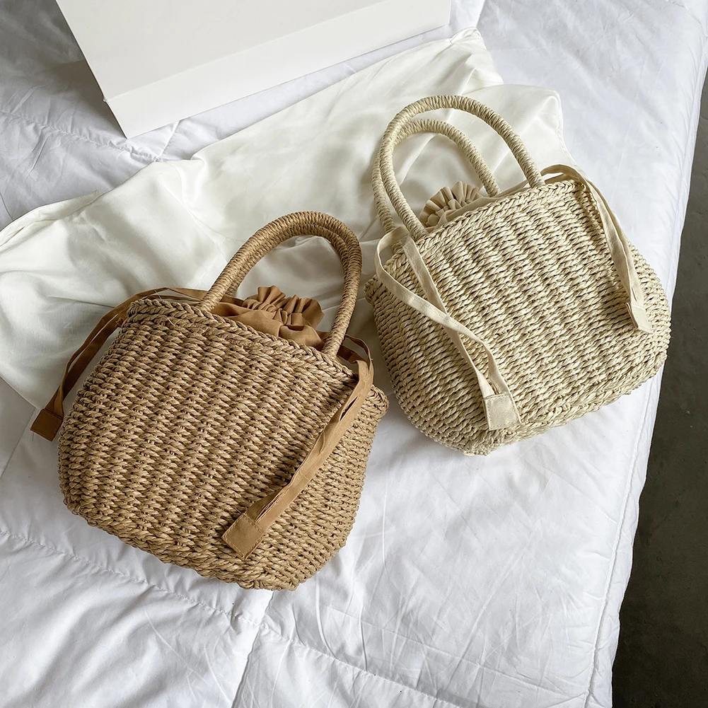 

Woven Rattan Bucket Straw Bag Women Drawstring Beach Handbags Female Summer Tote Fashion Exquisite Shopping Bag