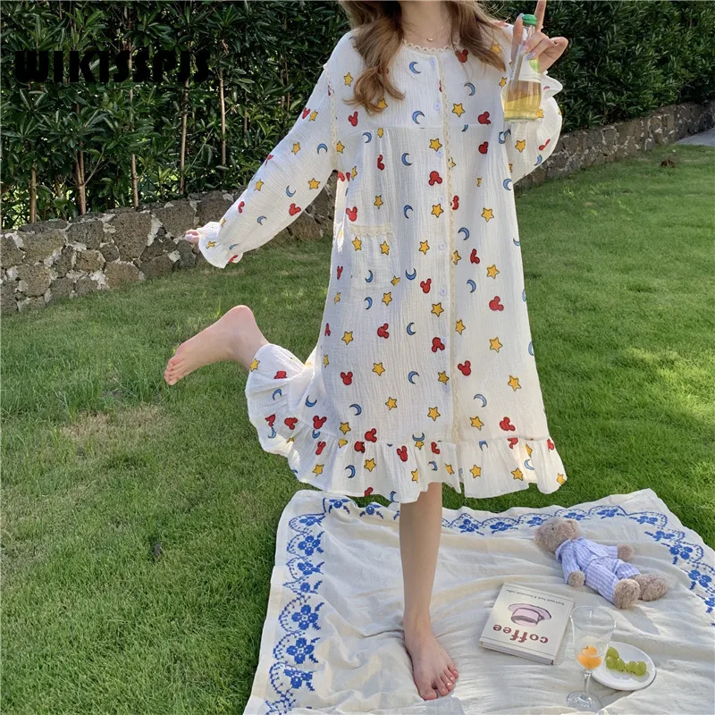 

WIKISSPJS, 2022 год, Корейская Милая Кружевная хлопковая пряжа, Женская Осенняя ночная рубашка с длинным рукавом, платье для сна