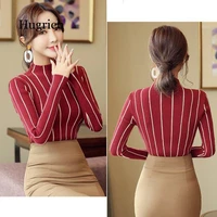 striped turtleneck pullover women 2020 winter thick sweater red korean ladies office knitted sweater black top pull femme