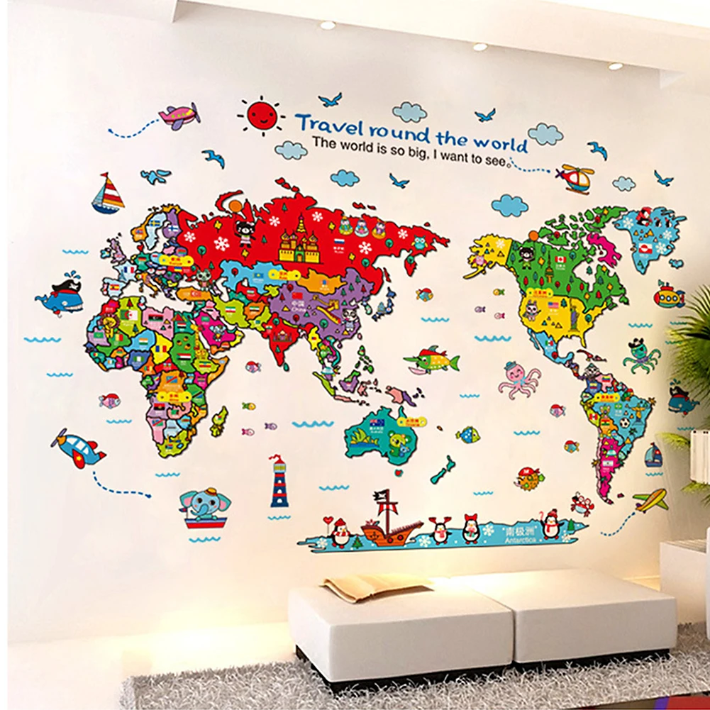 

6 Kinds Large World Map Wall Stickers Cartoon Map Home Decor for Kids Room Vinyl DIY Wall Decals Travel Round The World Sticker