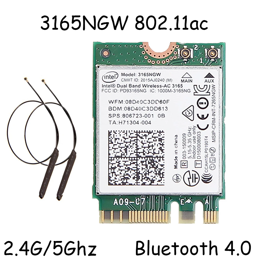 

Dual Band 2.4G/5Ghz 433Mbps Wireless-AC Intel 3165 NGFF 802.11ac WiFi 3165NGW M.2 WLAN Card + Bluetooth 4.0 Network Mini Adapter