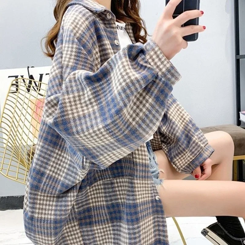 

Brushed Plaid Shirt 2021 Spring Autumn Women Korean Retro Loose All-match Single-breasted Turn-down Collar Blouse Blusa Y708