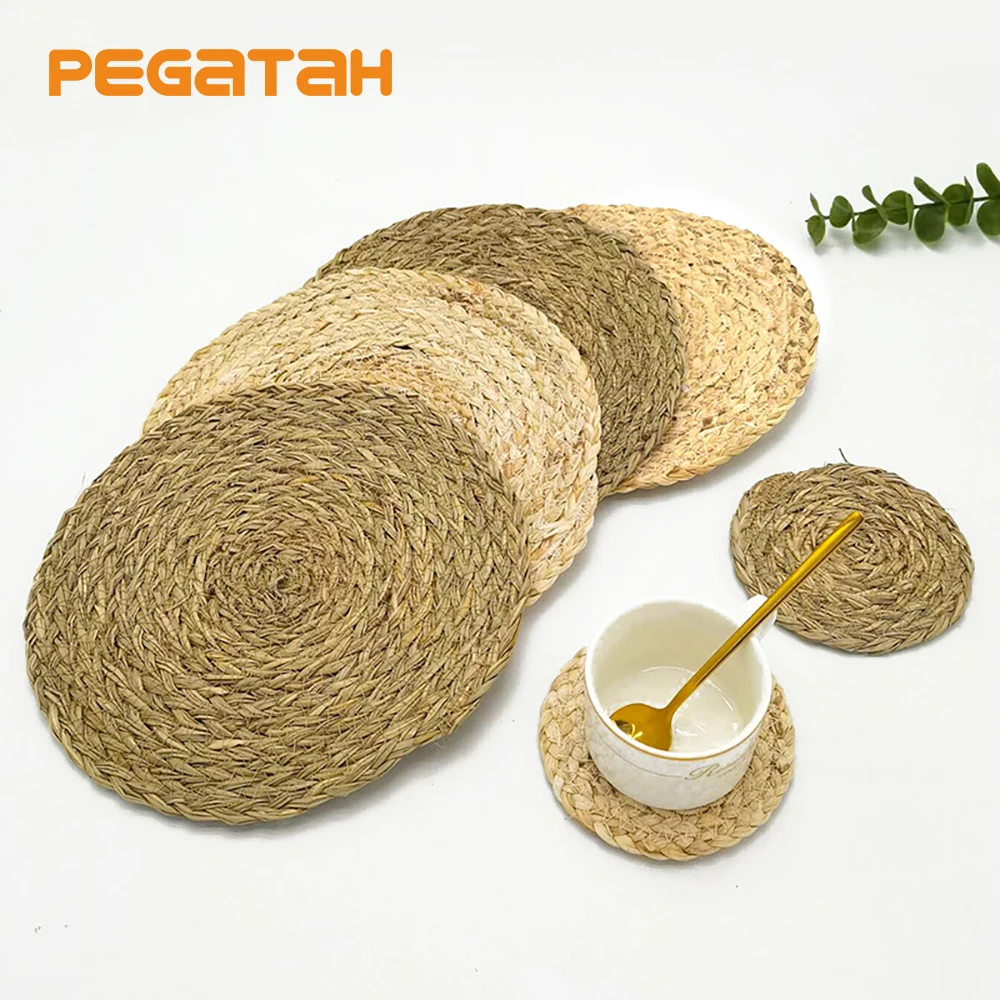 

Table Placemat Corn Straw Woven Handmade Husk Woven Round Rattan Placemats Cup Coaster Grass Mats Heat-Resistant Mat