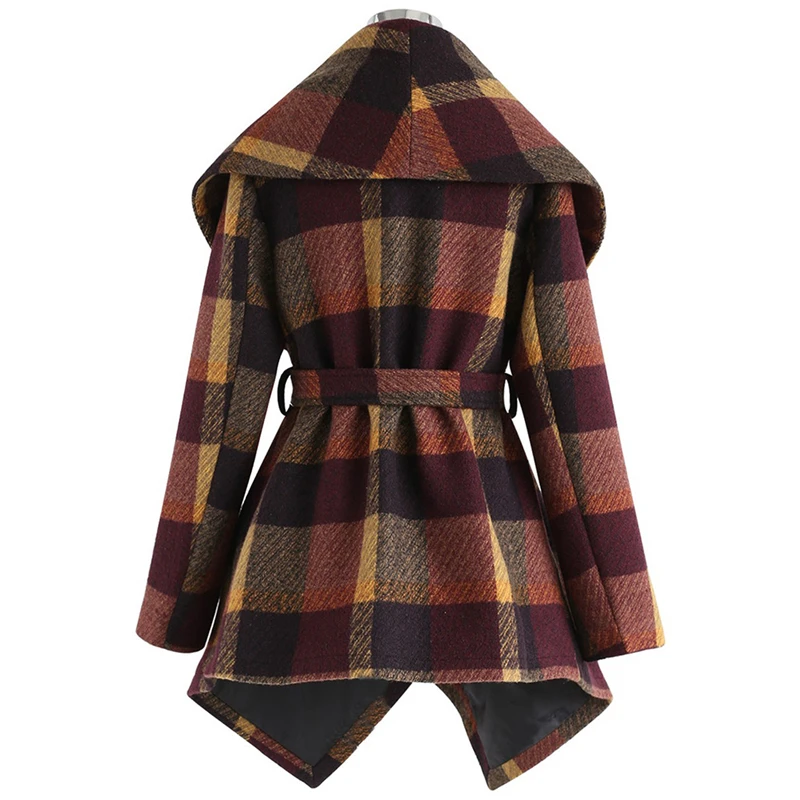 

Fashion Plaid Wool Coat Women Irregular Scarf Collar Thicken Warm Bandage Woolen Coat For Women 2021 New Casual Streetwear