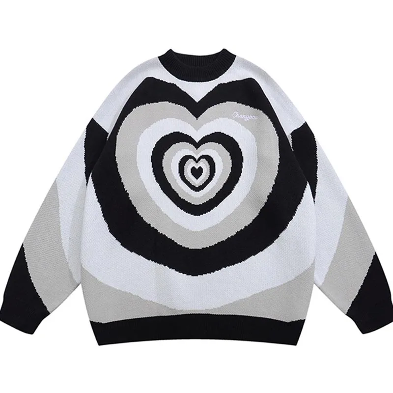 

Men Heart Ripple Jacquard Crew Neck Sweater Male Color Matching Cotton Knitted Pullover Couple Korean Preppy Loose Fall Sweaters