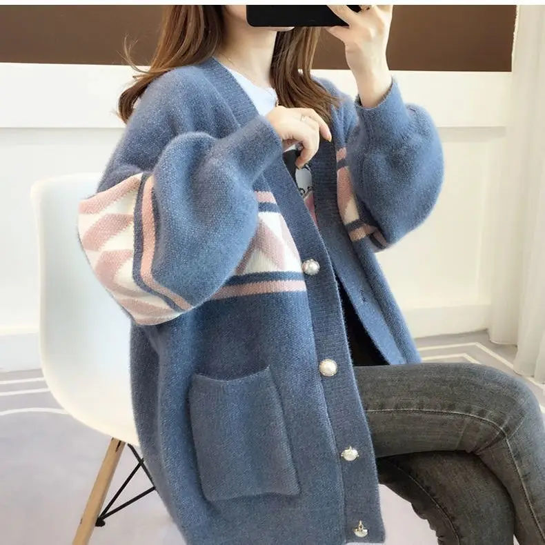 

Белый Женский вязаный кардиган, свитер, модное осеннее пальто свободного кроя с длинным рукавом, повседневные плотные тканевые топы на пуговицах с V-образным вырезом, одежда