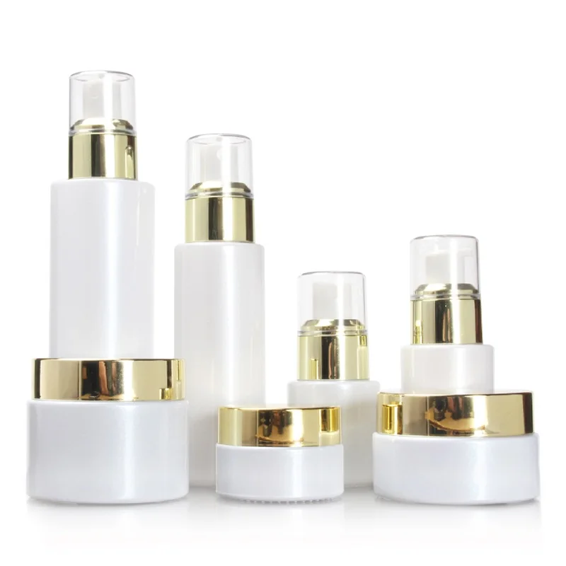 

20~100ML Glass Mist Spray Bottle White Refillable Emulsion Lotion Pump Bottle Light Gold Cap 20/30/50G Empty Cosmetic Cream Jar