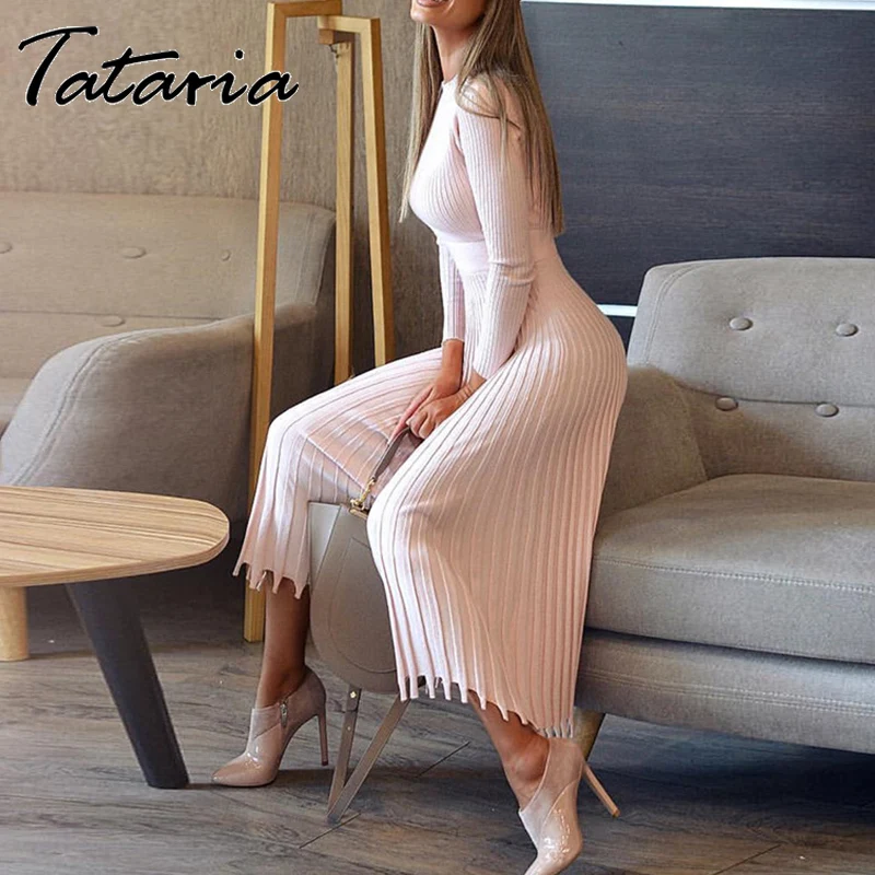 Женское однотонное трикотажное платье в полоску с круглым вырезом и длинным