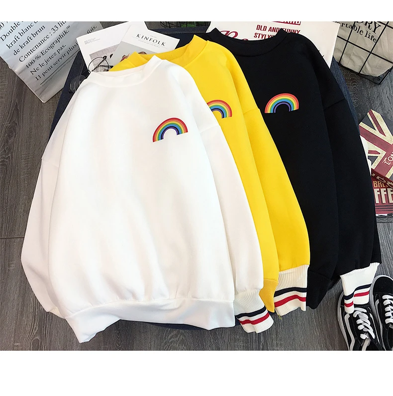 Harajuku Радуга вышивка флисовые толстовки для женщин Корейский Kawaii кофты Усаги 90s Эстетическая негабаритных толстовка для девочек уличная одежда