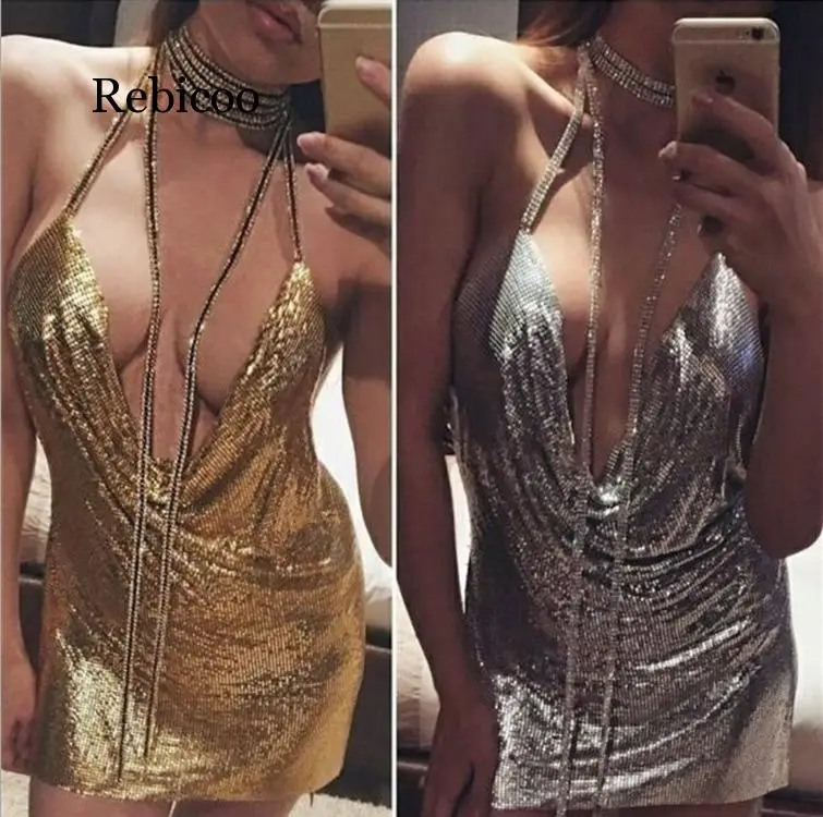 Женское мини-платье с лямкой на шее открытой спиной и блестками | Женская одежда
