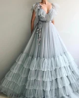 silver moroccan evening dresses a line v neck tulle appliques beaded long luxury turkey dubai saudi arabia prom dress gown