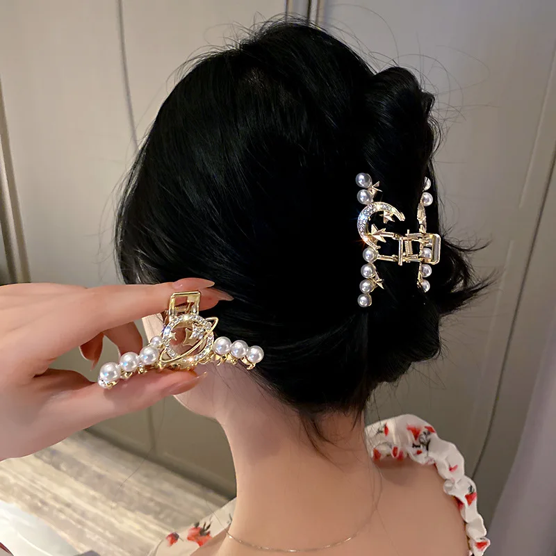 

Pearl Hair Claw For Women Ladies Makeup Hair Accessories Rhinestone Moon Planet Crab Hair Clip Fashion Girl Headwear