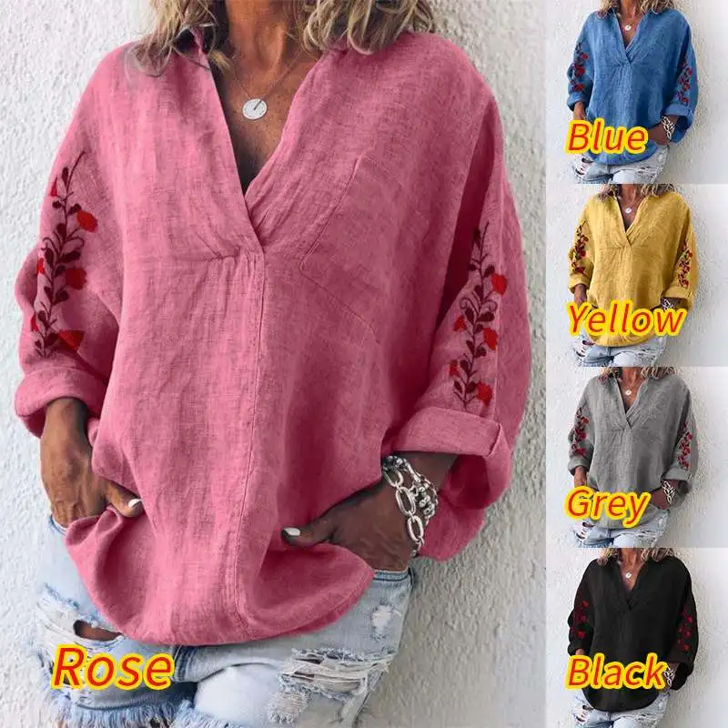Blusas Top ZANZEA Осенняя женская блузка винтажная вышитая хлопковая рубашка Повседневная v-образный вырез с длинным рукавом Свободная Туника Топы Femme