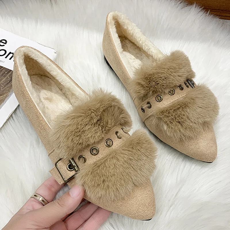 

New Ladies Autumn Winter Flats Corduroy Shoes Women Pointed Toe Short Plush Female Furry Casual Outside Shoes For Woman