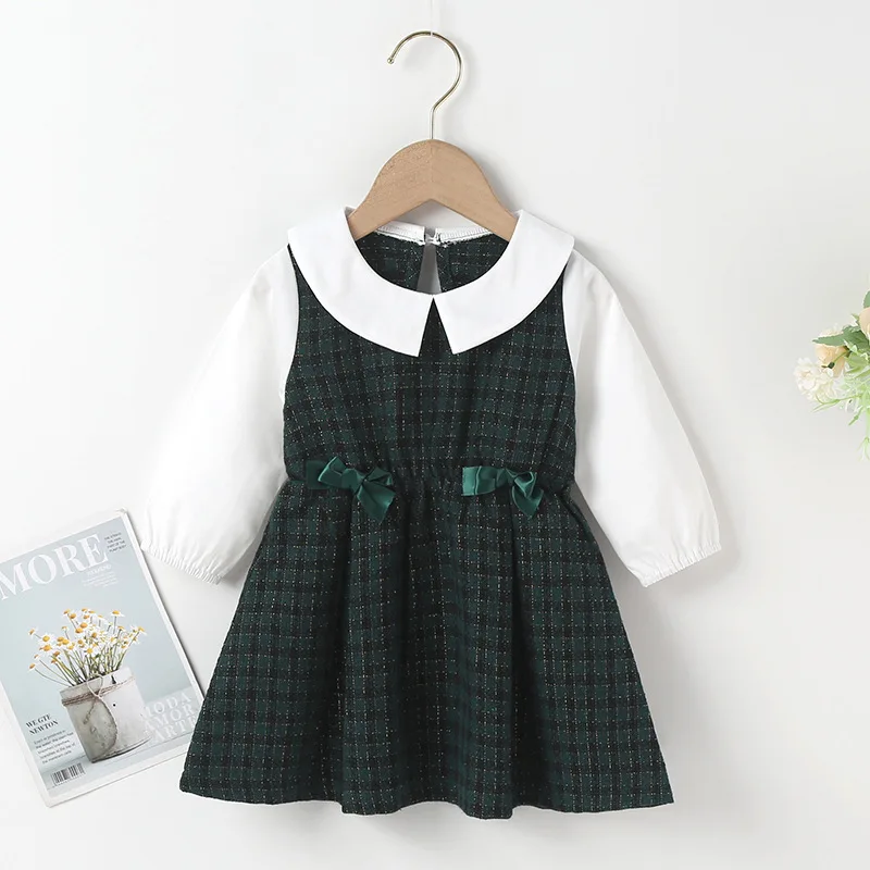 

Winter 2021 New Arrivals Girls Dress Velvet Long Sleeve O Neck Patchwork Blackish Green Cute Streetwear Dresses Vestidos 0-24M