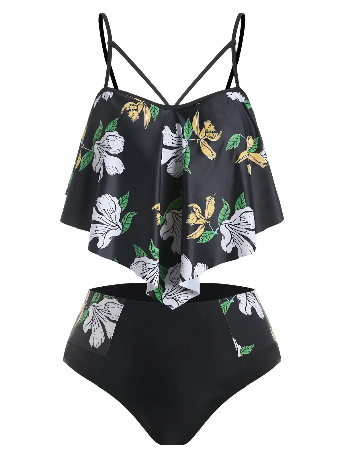 

Plus Size Floral Print Cutout Tankini Swimwear