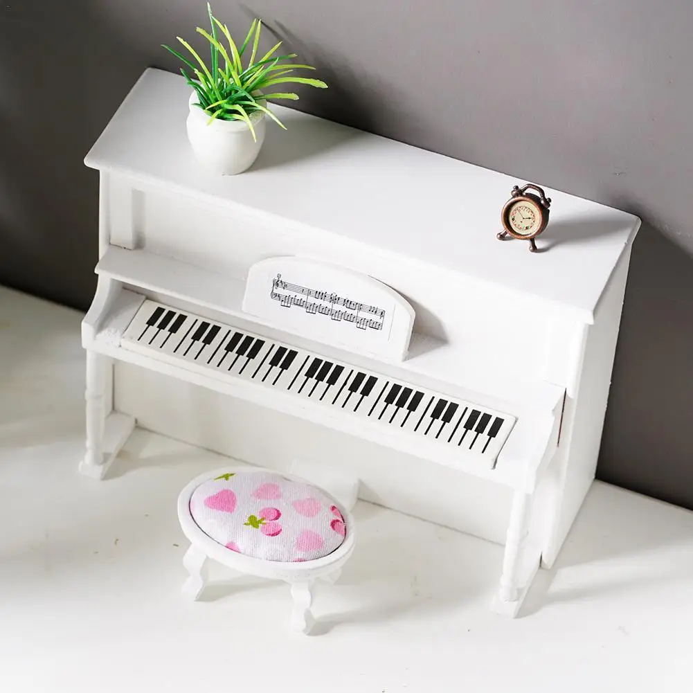 

1/12 White Pink Dollhouse Miniature Accessories Wooden Upright Piano With Stool Simulation Furniture Toys Doll House Decoration